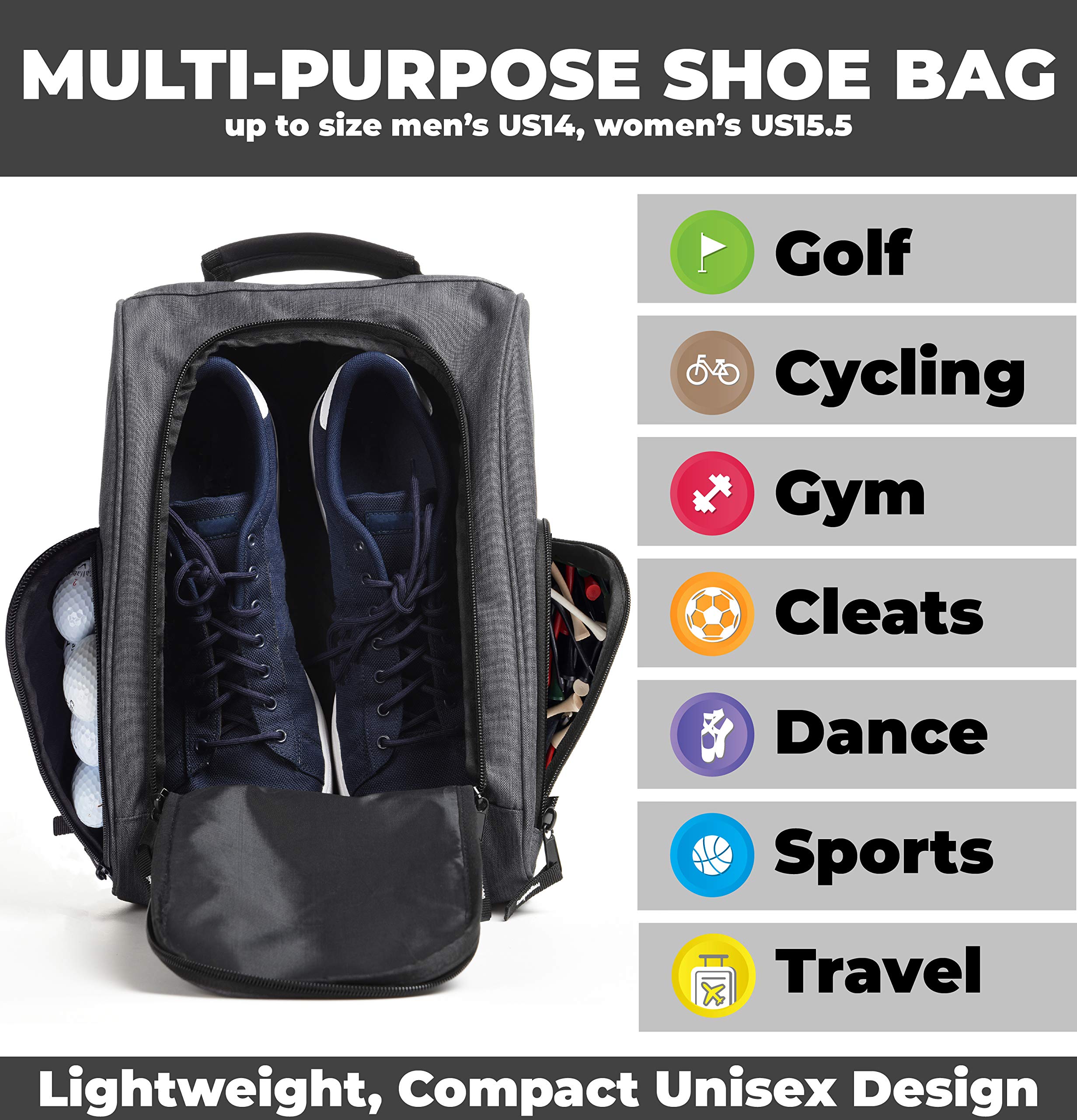 Athletico Golf Shoe Bag - Zippered Shoe Carrier Bags With Ventilation & Outside Pocket for Socks, Tees, etc. (Gray)