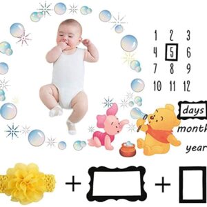 Baby Monthly Milestone Blanket Newborn Photo Props Shoots Backdrop Personalized Animal Yellow Bear Pink Elephant Blowing Bubbles Photography Growing Infants Toddlers Soft Fleece Swaddle Blanket