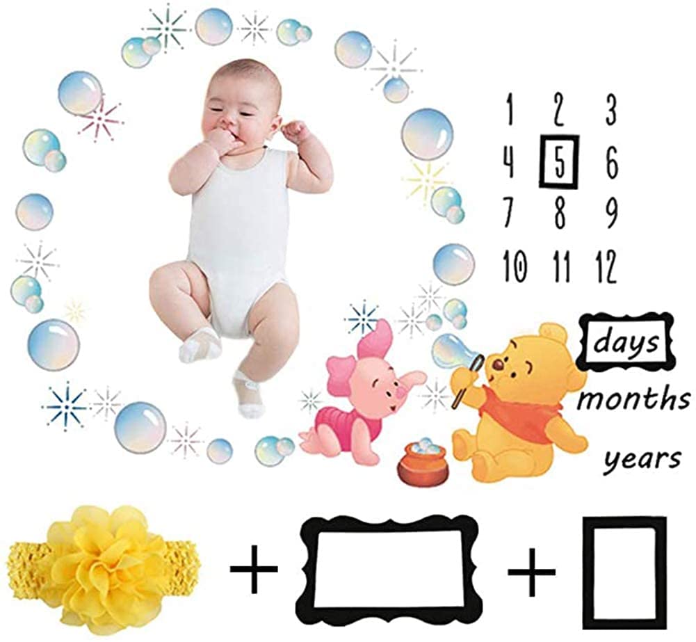 Baby Monthly Milestone Blanket Newborn Photo Props Shoots Backdrop Personalized Animal Yellow Bear Pink Elephant Blowing Bubbles Photography Growing Infants Toddlers Soft Fleece Swaddle Blanket