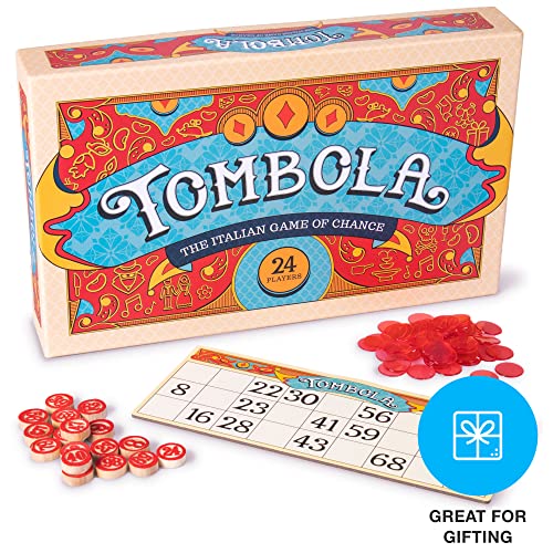 Brybelly Tombola Bingo Board Game | The Italian Game of Chance for Family, Friends and Large Parties Up to 24 Players | Includes Calling Board, 90 Tombolini Tiles, 24 Double-Sided Cards and 360 Chips