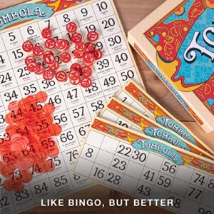 Brybelly Tombola Bingo Board Game | The Italian Game of Chance for Family, Friends and Large Parties Up to 24 Players | Includes Calling Board, 90 Tombolini Tiles, 24 Double-Sided Cards and 360 Chips