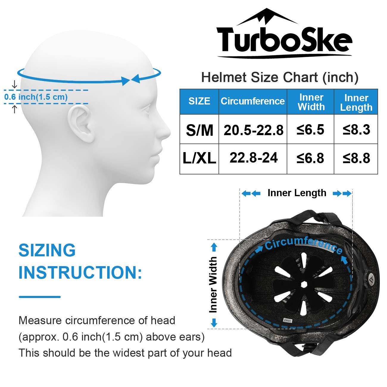 TurboSke Skateboard Helmet, BMX Helmet, Multi-Sport Helmet, Bike Helmet for Kids, Youth, Men, Women (Black, S/M (20.5"-22.8"))