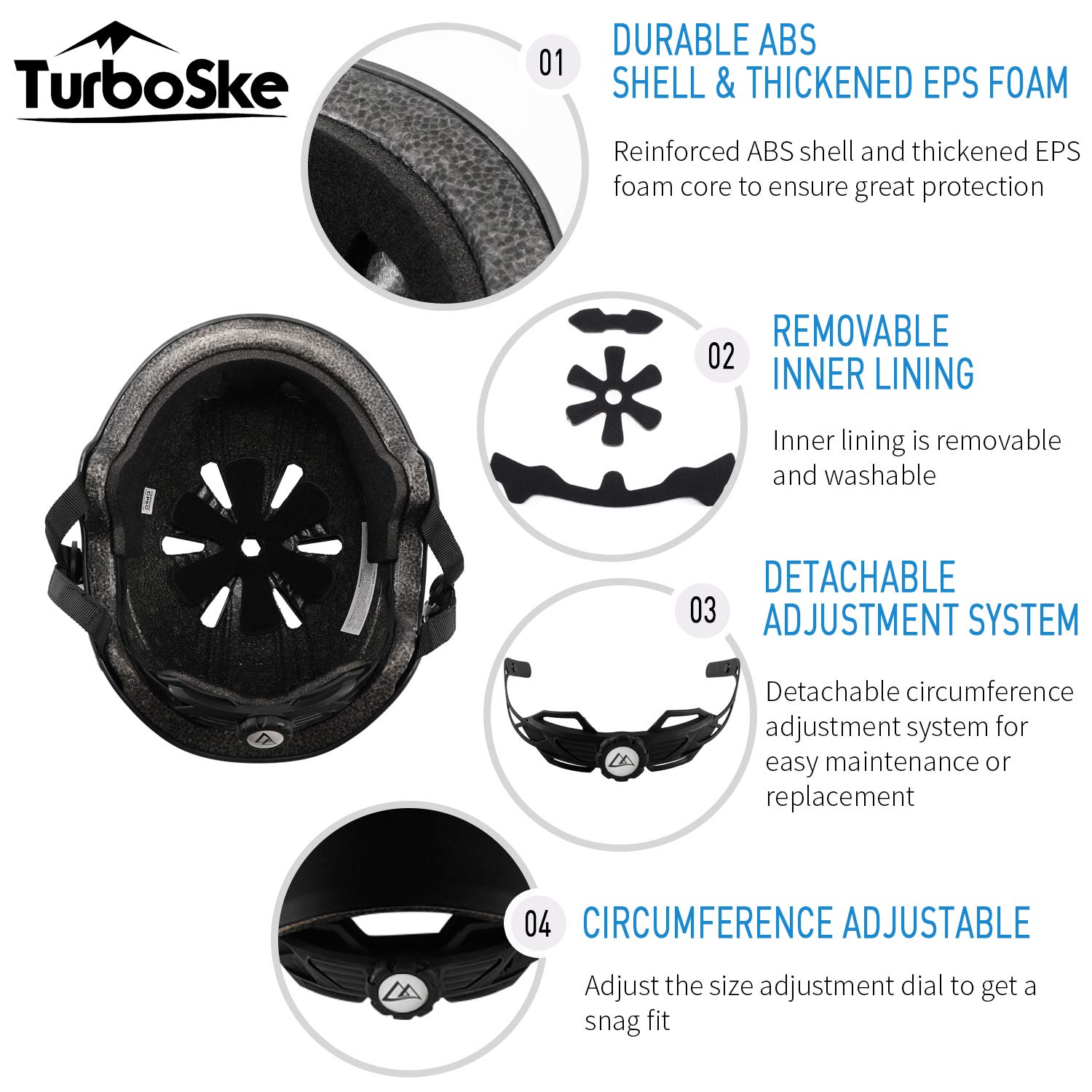 TurboSke Skateboard Helmet, BMX Helmet, Multi-Sport Helmet, Bike Helmet for Kids, Youth, Men, Women (Black, S/M (20.5"-22.8"))