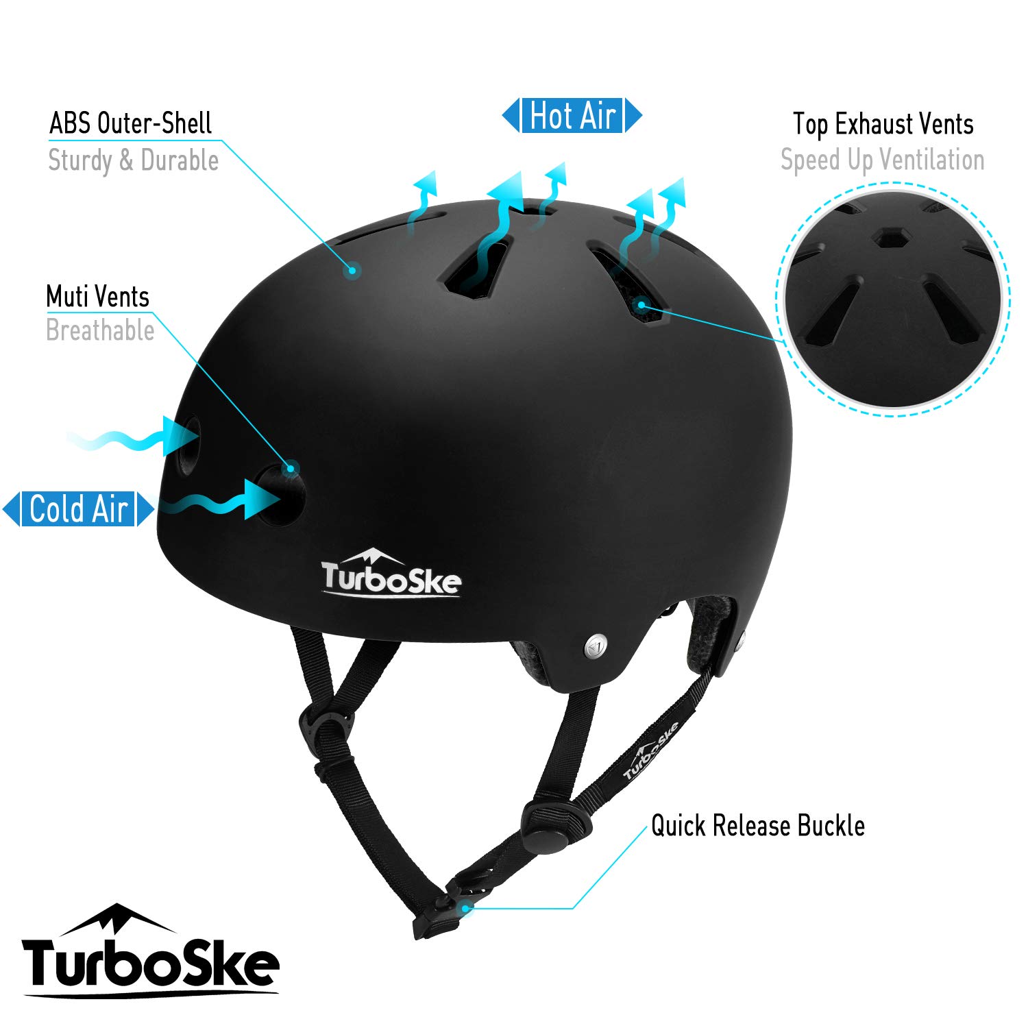 TurboSke Skateboard Helmet, BMX Helmet, Multi-Sport Helmet, Bike Helmet for Kids, Youth, Men, Women (Black, S/M (20.5"-22.8"))