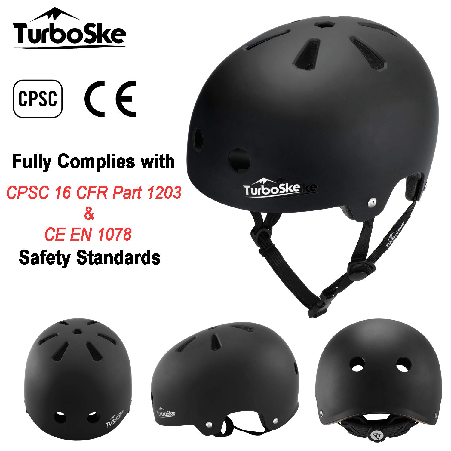 TurboSke Skateboard Helmet, BMX Helmet, Multi-Sport Helmet, Bike Helmet for Kids, Youth, Men, Women (Black, S/M (20.5"-22.8"))