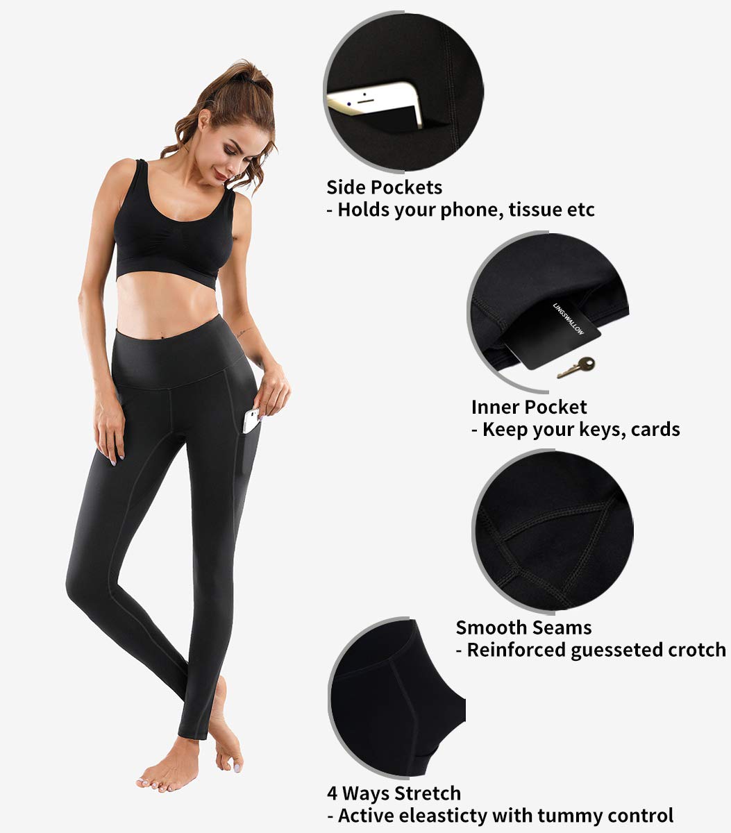 Lingswallow High Waist Yoga Pants - Yoga Pants with Pockets Tummy Control, 4 Ways Stretch Workout Running Yoga Leggings (Black, X-Large)