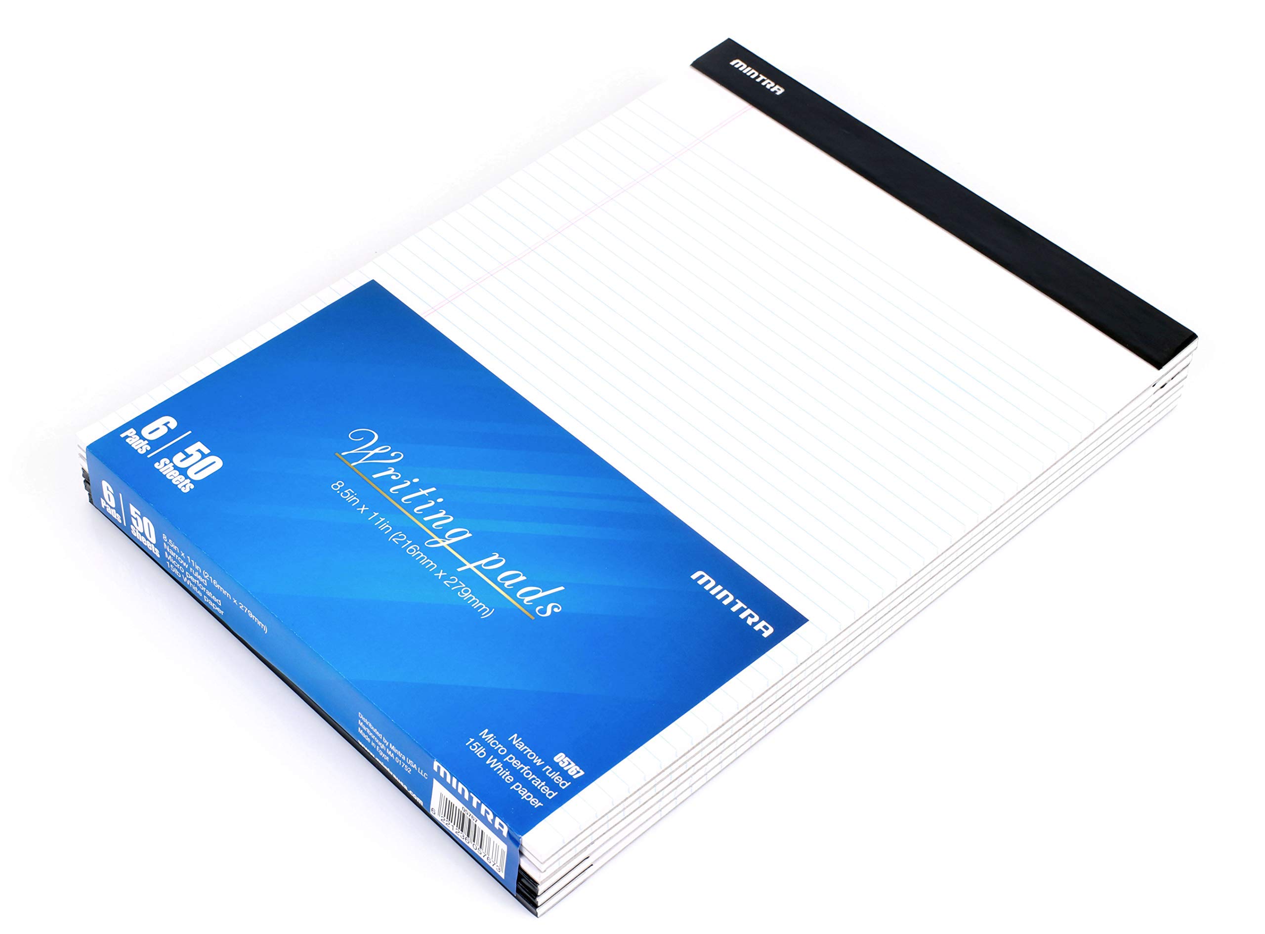 Mintra Office Legal Pads - ((BASIC WHITE 6pk, 8.5in x 11in, NARROW RULED)) - 50 Sheets per Notepad, Micro perforated Writing Pad, Notebook Paper for School, College, Office, Business