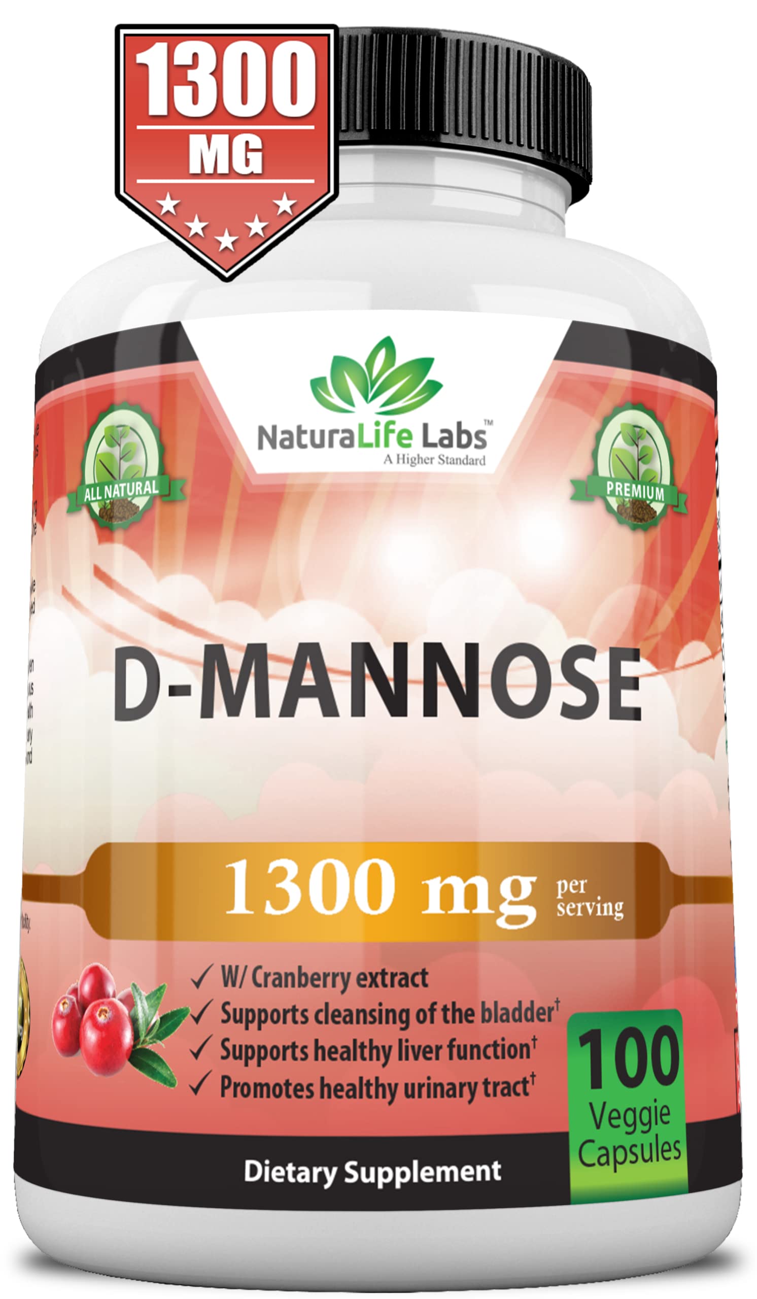 D-Mannose 1,300 mg with Cranberry Extract Fast-Acting, Flush Impurities, Natural Urinary Tract Health- 100 Veggie Capsules