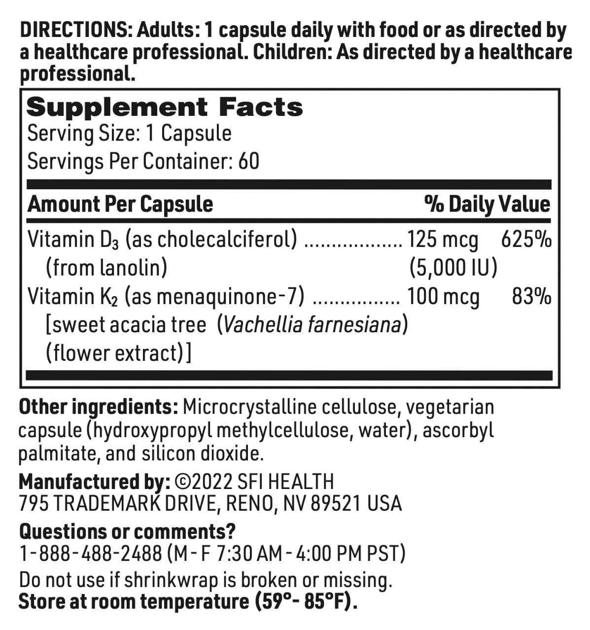 Klaire Labs Vitamin D Plus K - 5000 IU Vitamin D3 with Vitamin K2 MK-7, Bioavailable Formula - Bone, Cardiovascular & Immune Support Supplement (60 Capsules)