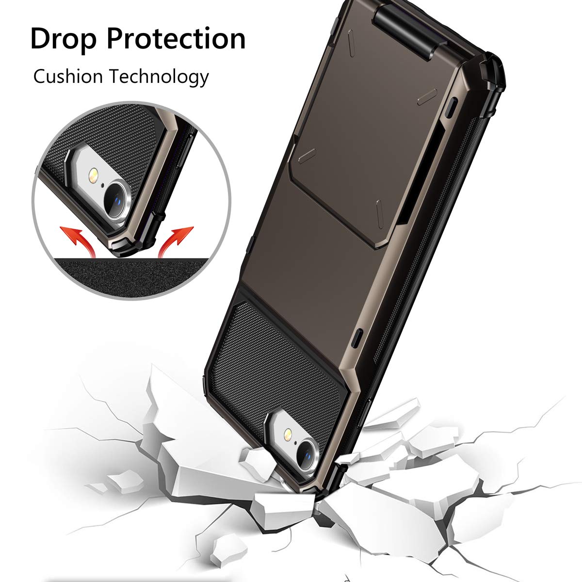 Vofolen for iPhone 6s Case iPhone 8 Wallet iPhone SE 2020 Case Credit Card Holder ID Slot Pocket Dual Layer Protective Bumper Rugged TPU Rubber Armor Hard Shell Cover for iPhone 6 6s 7 8 SE2 Gun Color