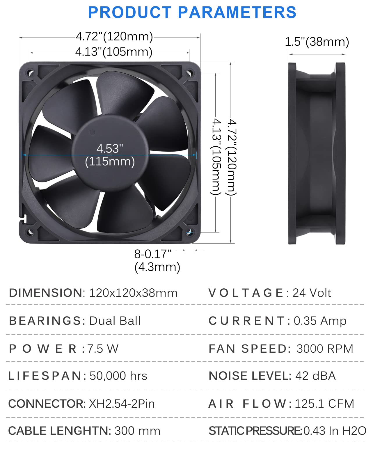 GDSTIME Dual Ball Bearings 1238 Cooling Fan, 120mm x 38mm 24V DC 125CFM Brushless Cooler Fan