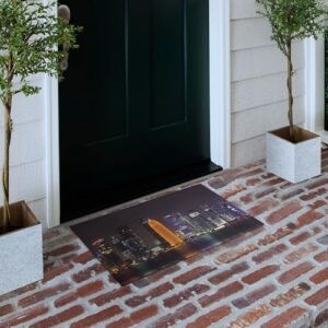 Ambesonne Urban Doormat, Qatar Middle East Town with Luminous Skyscraper at Night View, Decorative Polyester Floor Mat with Non-Skid Backing, 30" X 18", Charcoal Grey Purple Orange