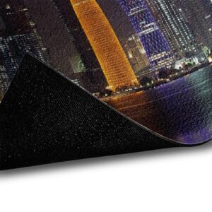 Ambesonne Urban Doormat, Qatar Middle East Town with Luminous Skyscraper at Night View, Decorative Polyester Floor Mat with Non-Skid Backing, 30" X 18", Charcoal Grey Purple Orange