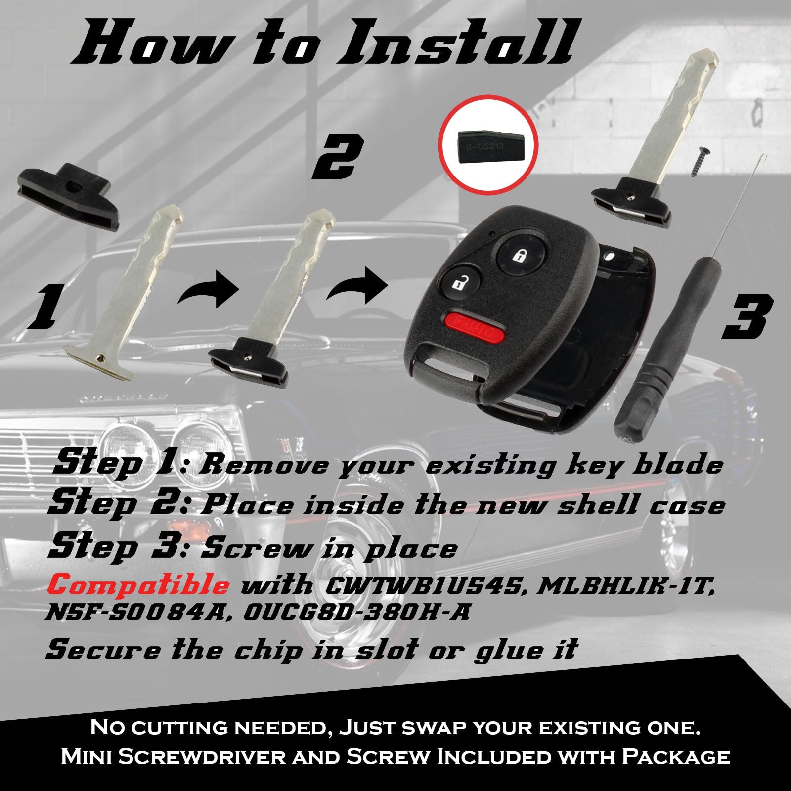 Cutting NOT Required - 2 Key Fob Keyless Entry Remote Shell Case & Pad fits Honda Accord / Civic / CR-V/ Fit / Odyssey / Pilot / Ridgeline / CR-Z