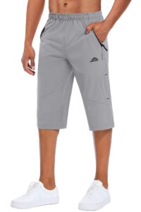 magcomsen men's 3/4 capri workout shorts outdoor quick dry knee length gym drawstring training workout beach shorts light grey, 38