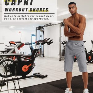 MAGCOMSEN Men's 3/4 Capri Workout Shorts Outdoor Quick Dry Knee Length Gym Drawstring Training Workout Beach Shorts Light Grey, 38