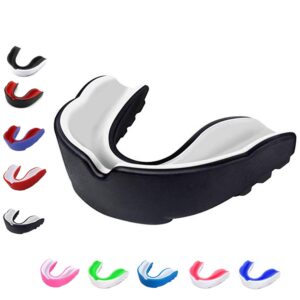 sports mouth guard for kids youth/adults-mouthguard for lacrosse, basketball, karate, flag football, martial arts, rugby, boxing, mma, hockey -free carrying case for mouthguard(white black kids)