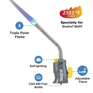 BLUEFIRE MRS-7014A Trigger Start Gas Welding Propane Torch Head Specially for MAPP Fuel,Extend 1.5" Burning Tube Nozzle Piezo Self Ignition Handhold Cylinder Soldering Brazing Triple-Point Flame