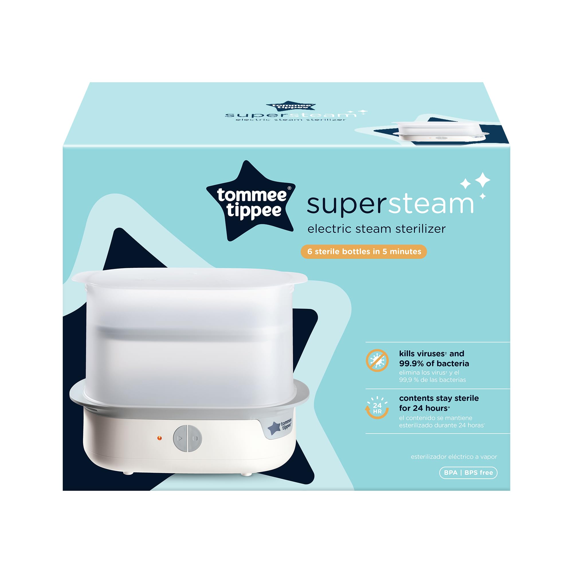 Tommee Tippee Supersteam Electric Steam Sterilizer for Baby Bottles, Kills Viruses and 99.9% of Bacteria, 5-Minute Sterilization Cycle, White