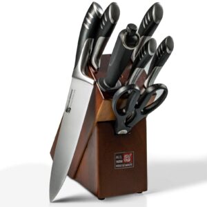 Premium 8-Piece German High Carbon Stainless Steel Kitchen Knives Set with Rubber Wood Block, Professional Double Forged Full Tang Chef Knife Set