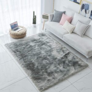 carvapet shaggy soft faux sheepskin fur area rugs floor mat luxury beside carpet for bedroom living room 5ft x 7ft, grey