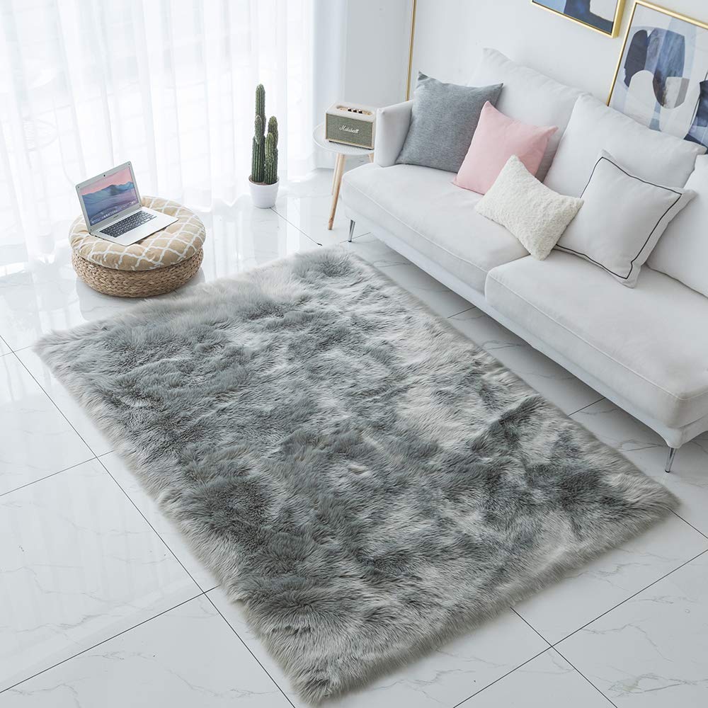 Carvapet Shaggy Soft Faux Sheepskin Fur Area Rugs Floor Mat Luxury Beside Carpet for Bedroom Living Room 5ft x 7ft, Grey