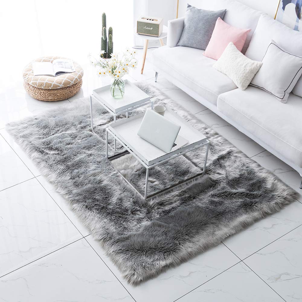 Carvapet Shaggy Soft Faux Sheepskin Fur Area Rugs Floor Mat Luxury Beside Carpet for Bedroom Living Room 5ft x 7ft, Grey