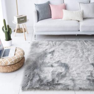 Carvapet Shaggy Soft Faux Sheepskin Fur Area Rugs Floor Mat Luxury Beside Carpet for Bedroom Living Room 5ft x 7ft, Grey