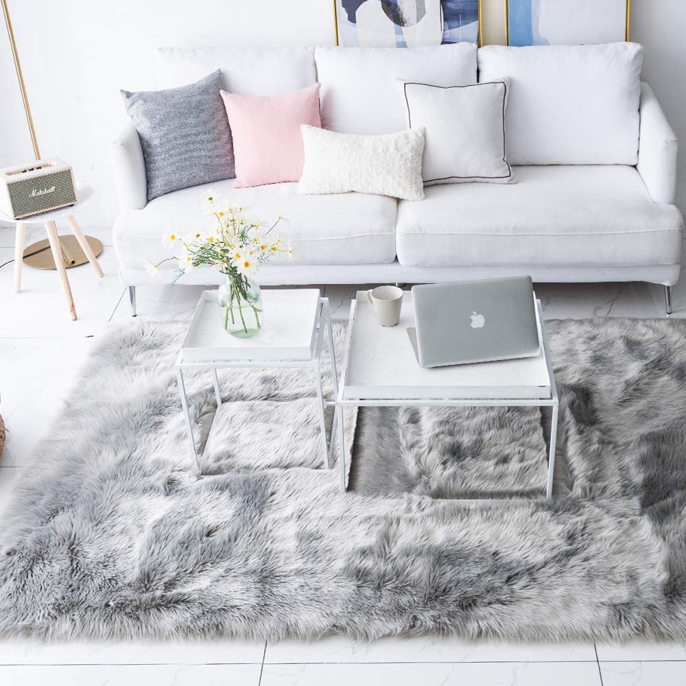 Carvapet Shaggy Soft Faux Sheepskin Fur Area Rugs Floor Mat Luxury Beside Carpet for Bedroom Living Room 5ft x 7ft, Grey