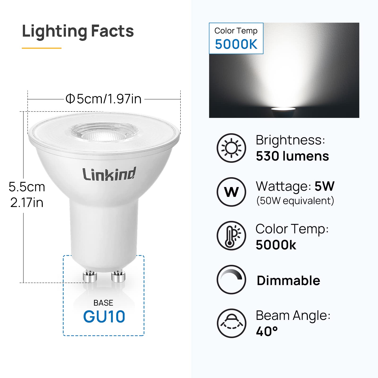 Linkind GU10 LED Bulbs, 10-Pack Dimmable MR16 GU10 LED Bulbs, 50W Equivalent, 530LM 5000k Daylight Track Light Bulbs, 40° Spot Light Track Light Recessed Light Spotlight, UL Listed