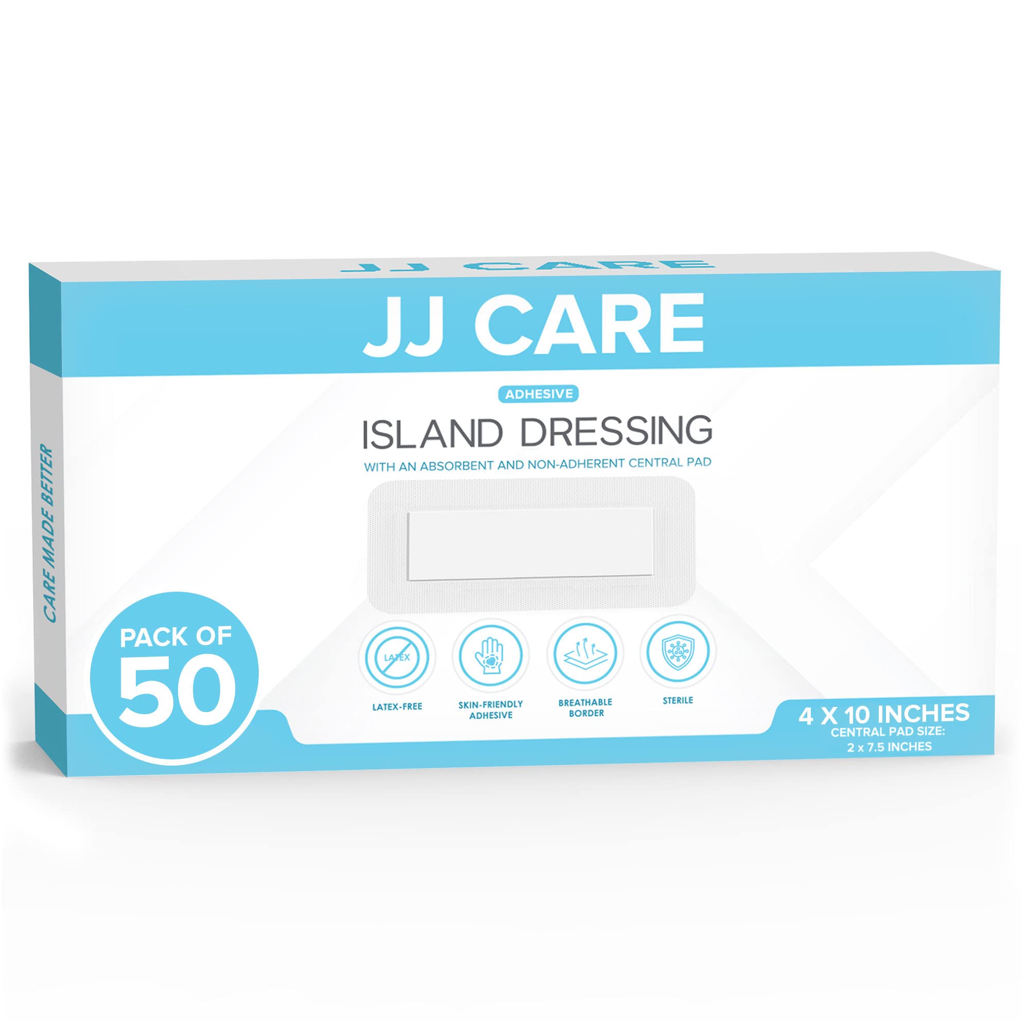 JJ CARE Adhesive Island Dressing [Pack of 50], 4” x 10” Sterile Island Wound Dressing, Breathable Bordered Gauze Dressing, Individually Wrapped Island Wound Bandages with Non-Stick Central Pad