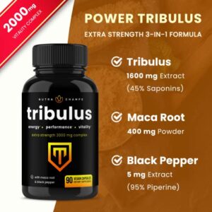 Tribulus Terrestris for Men | 2000mg Supplement Booster for Energy, Vitality, Stamina & Performance | Extra Strength Saponins | Maca & Black Pepper Extract for Enhanced Absorption | 90 Vegan Capsules