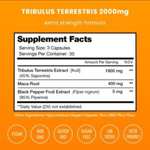 Tribulus Terrestris for Men | 2000mg Supplement Booster for Energy, Vitality, Stamina & Performance | Extra Strength Saponins | Maca & Black Pepper Extract for Enhanced Absorption | 90 Vegan Capsules