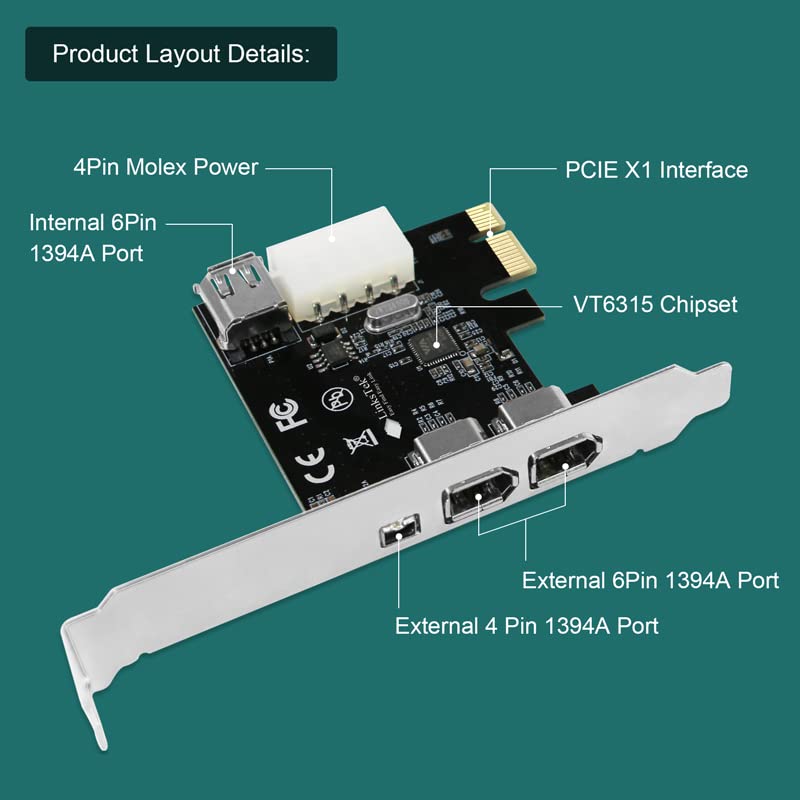 LinksTek 4-Ports 1394A PCIE FireWire 400 Expansion Card for Windows Desktop PCs, 3X 6Pin and 1X 4Pin 1394A 400Mbps Ports, with 4Pin-6Pin 1394A Cables and Low Profile Bracket (PCIE-1394A)