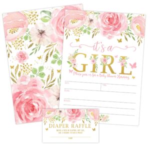 your main event prints it's a girl floral butterfly baby shower invitation, pink and gold flowers sprinkle invites with diaper raffle ticket cards