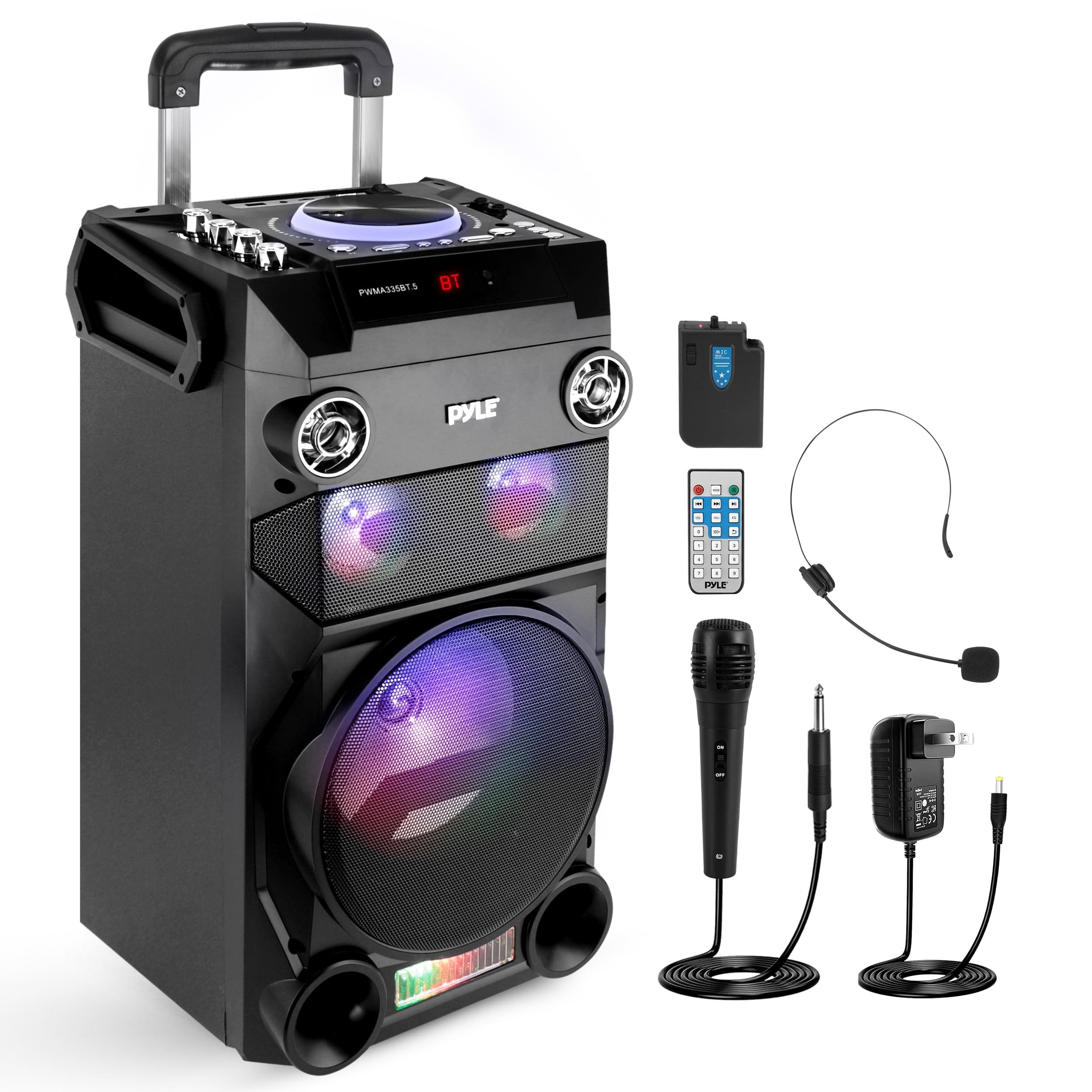 Pyle Outdoor Portable Wireless Bluetooth Karaoke PA Loud Speaker - 8'' Subwoofer Sound System with DJ Lights, Rechargeable Battery, FM Radio, USB/Micro SD Reader, Microphone, Remote, Black