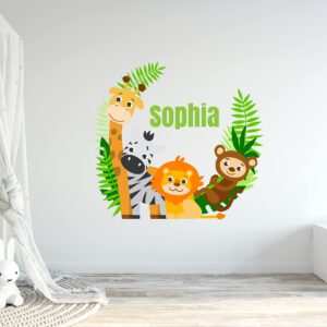 Jungle Animals Custom Name Wall Decal - Baby Safari Animals Series Theme Wall Art Decal - Wall Decal for Nursery Bedroom playroom Decoration (Wide 15"x13" Height)