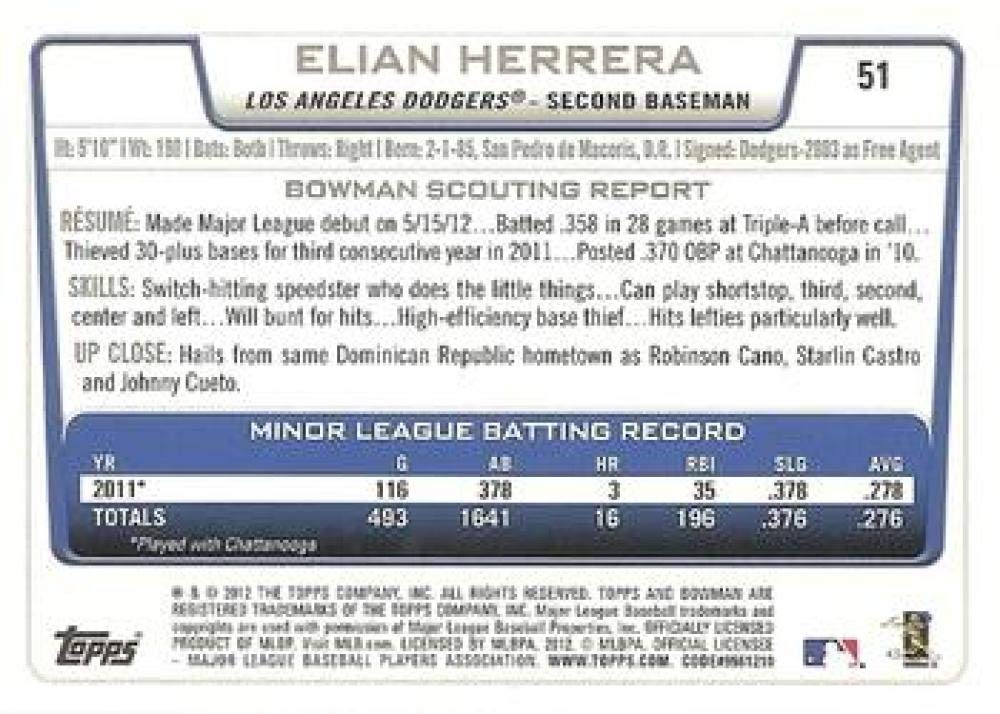 2012 Bowman Draft #51 Elian Herrera Dodgers MLB Baseball Card (RC - Rookie Card) NM-MT