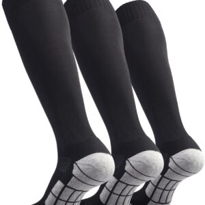 CWVLC Youth Soccer Socks 3 Pairs Girls Boys Volleyball Sport Team Athletic Knee High Long Tube Cotton Compression Socks Black Medium (5Y-7Y Youth/6-10 Women)