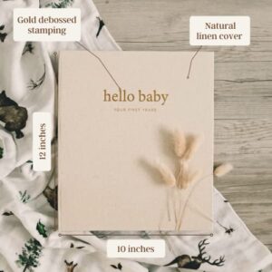 Unisex Baby Memory Book | Minimalist Baby First Year Keepsake for Milestones | Baby Books First Year Memory Book | Simple Baby Scrapbook for Boy Girl Milestones | Natural Linen Woodland - Peachly