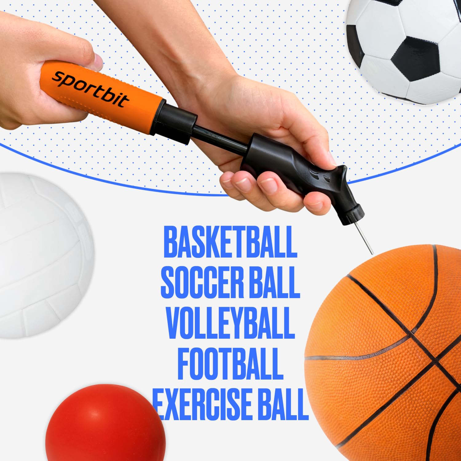 SPORTBIT Ball Pump with 5 Needles - Push & Pull Inflating System - Great for All Exercise Balls - Volleyball Pump, Basketball Inflator, Football & Soccer Ball Air Pump - Goes with Needles Set