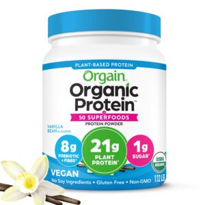 orgain organic vegan protein + 50 superfoods powder, vanilla bean - 21g plant based protein, 8g prebiotic fiber, no lactose ingredients, gluten free, no added sugar, non-gmo, 1.12 lb