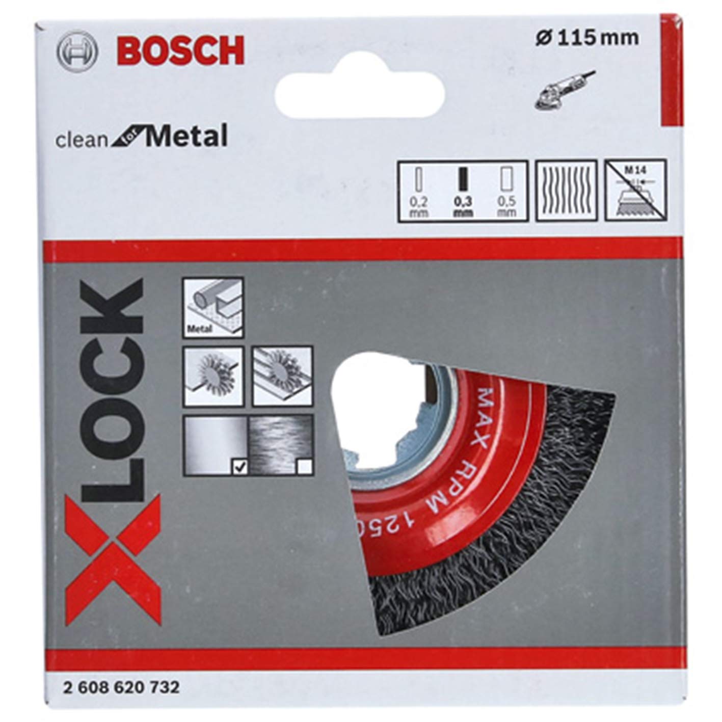 Bosch X-LOCK 2608620732 Wire Brush, 4.5 inches (115 mm) Diameter, Beveled Shape, Iron 0.01 inch (0.3 mm) Straight, 1 Piece