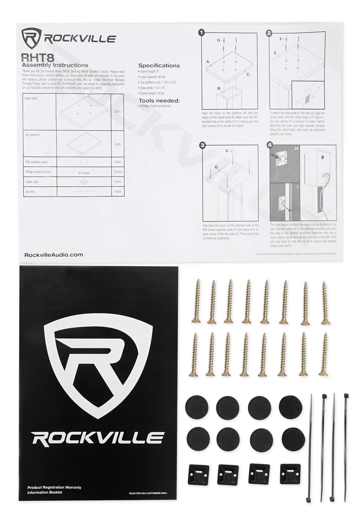 Rockville 2 RHT8B Computer/Bookshelf Desktop Speaker/Studio Monitor Stands-Black