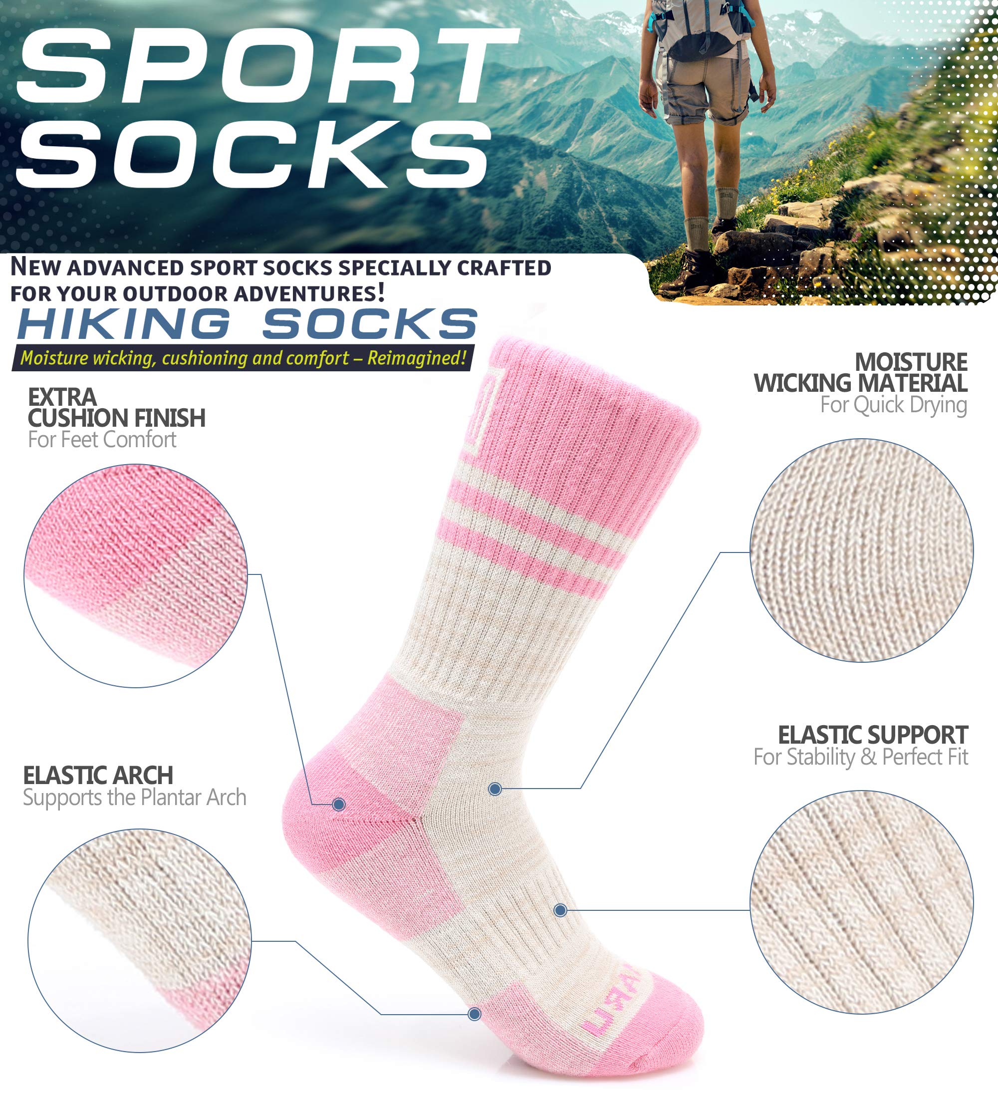 MIRMARU Women’s 5 Pairs Hiking Socks- Moisture Wicking Outdoor Athletic Sports Cushion Crew Socks (M231-MEDIUM)