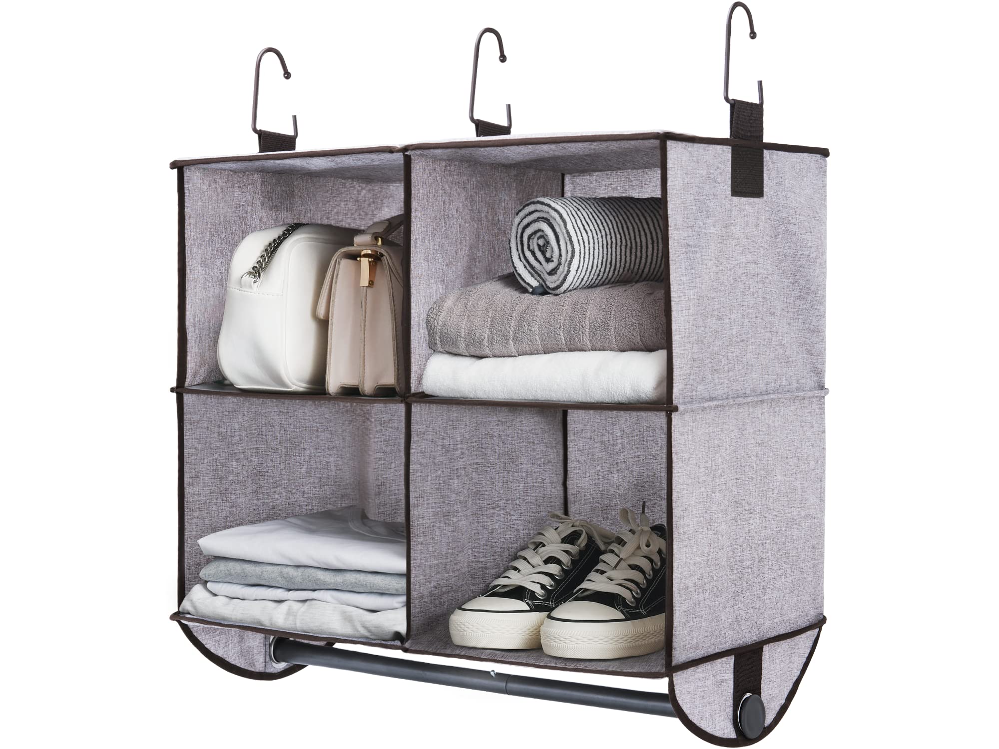 StorageWorks Hanging Closet Organizer with Garment Rod, 4 Section Closet Hanging Shelves, Fabric, Mixing Brown and Gray, 24 ½”W x 12 ¼”D x 28”H