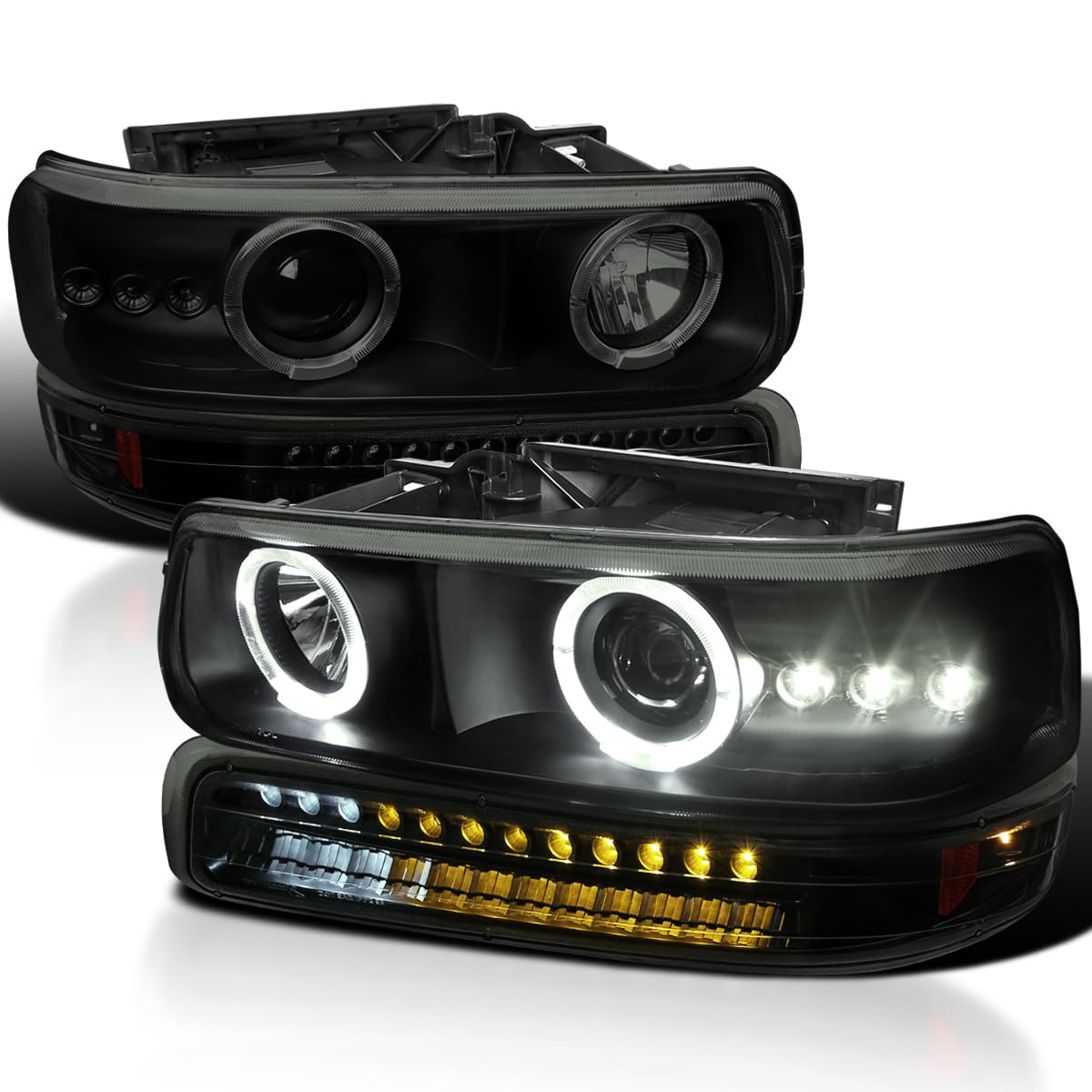 Spec-D Tuning Smoke Lens LED Halo Projector Headlights + LED Bumper Lights Compatible with 1999-2002 Chevy Silverado 1500/1500HD/2500/2500HD/3500 Left + Right Pair Headlamps Assembly