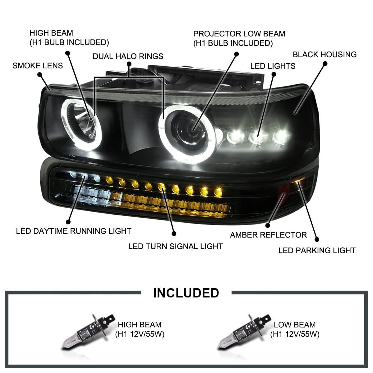 Spec-D Tuning Smoke Lens LED Halo Projector Headlights + LED Bumper Lights Compatible with 1999-2002 Chevy Silverado 1500/1500HD/2500/2500HD/3500 Left + Right Pair Headlamps Assembly