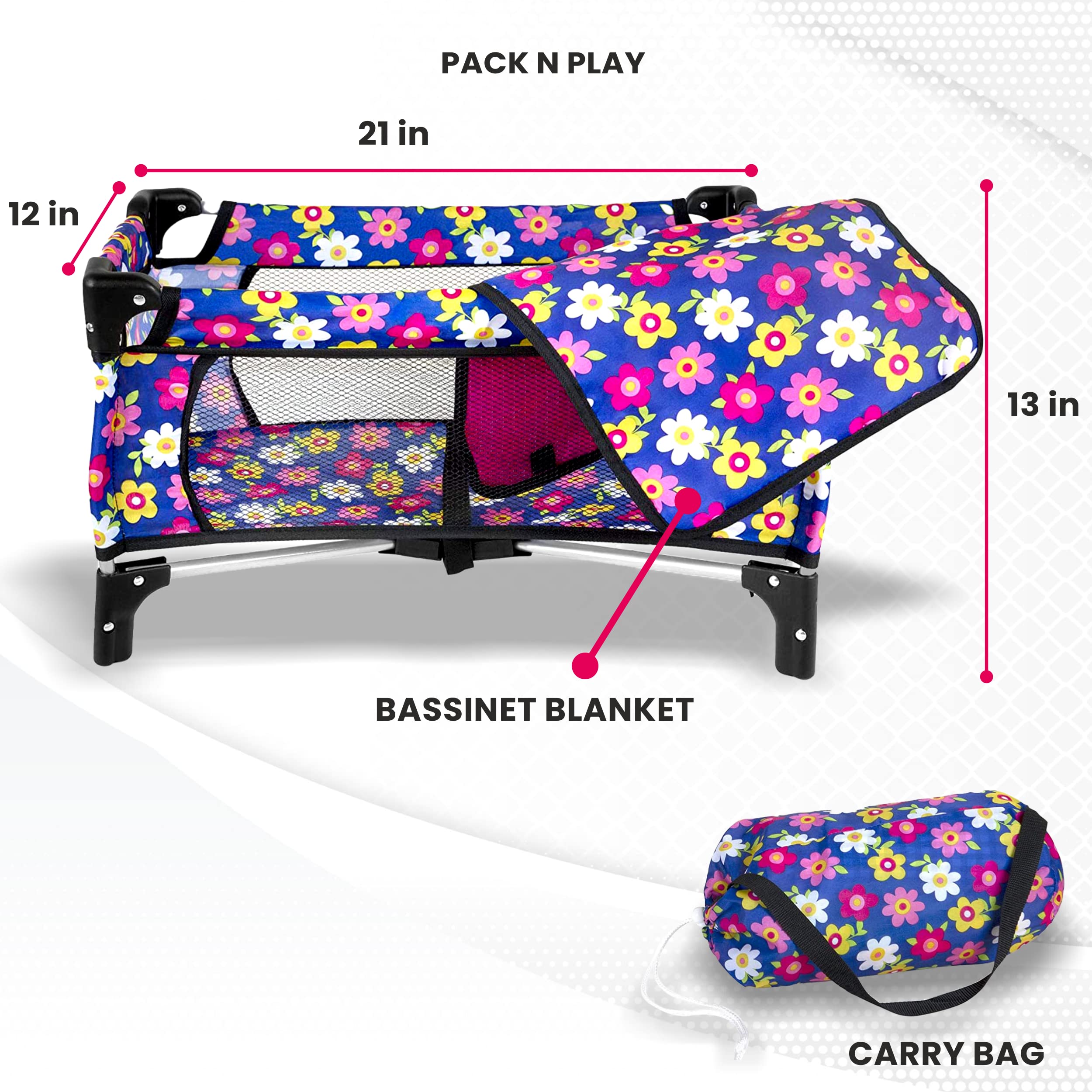 Baby Doll Crib Set, Doll Pack n Play Bassinet Blanket & Carry Bag for Baby Doll Playpen Fits up to 20" in Doll | Allows for Easy Compact Folding for Storage Toy Crib Doll, Excellent Pretend Play Gift