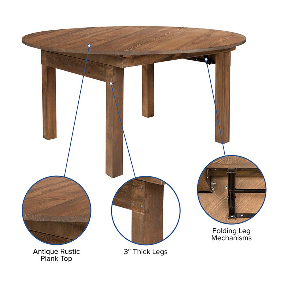 Flash Furniture Hercules Series Round Farm Inspired, Pine Dining Room Table, 59.75"W x 59.75"D x 30"H, Antique Rustic